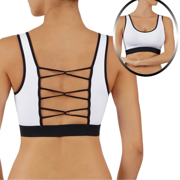 NWT Criss Cross Back High Impact Sports Bra White & Black Size S - Picture 1 of 9